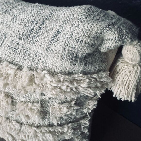 Boho Cream Gray Tassel Modern Farmhouse Rectangular Throw Pillow - Picture 3 of 5